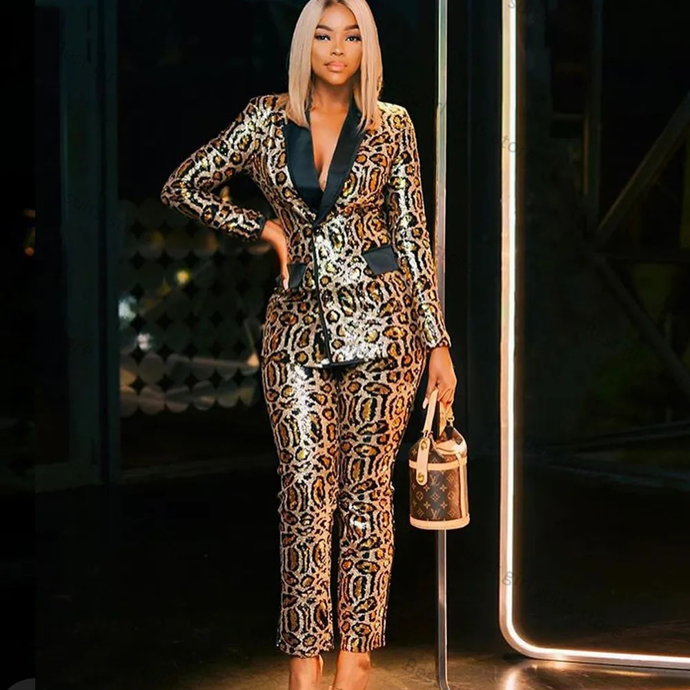 Tailored Trouser Wide - Leopard Printed 2 Piece Women Suit