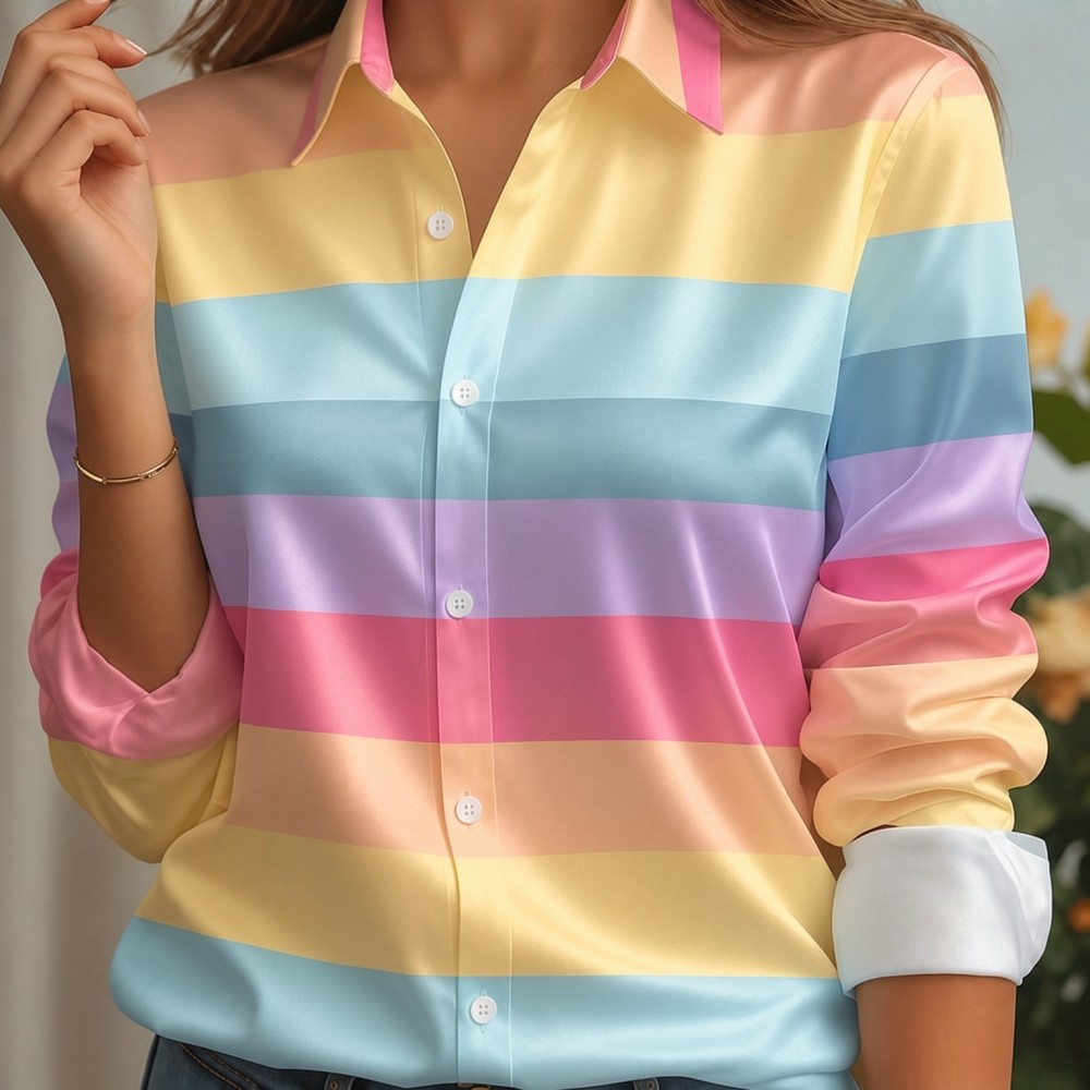 Women'S Work Fashion - Women Satin Lapel Collar Shirt Pastel