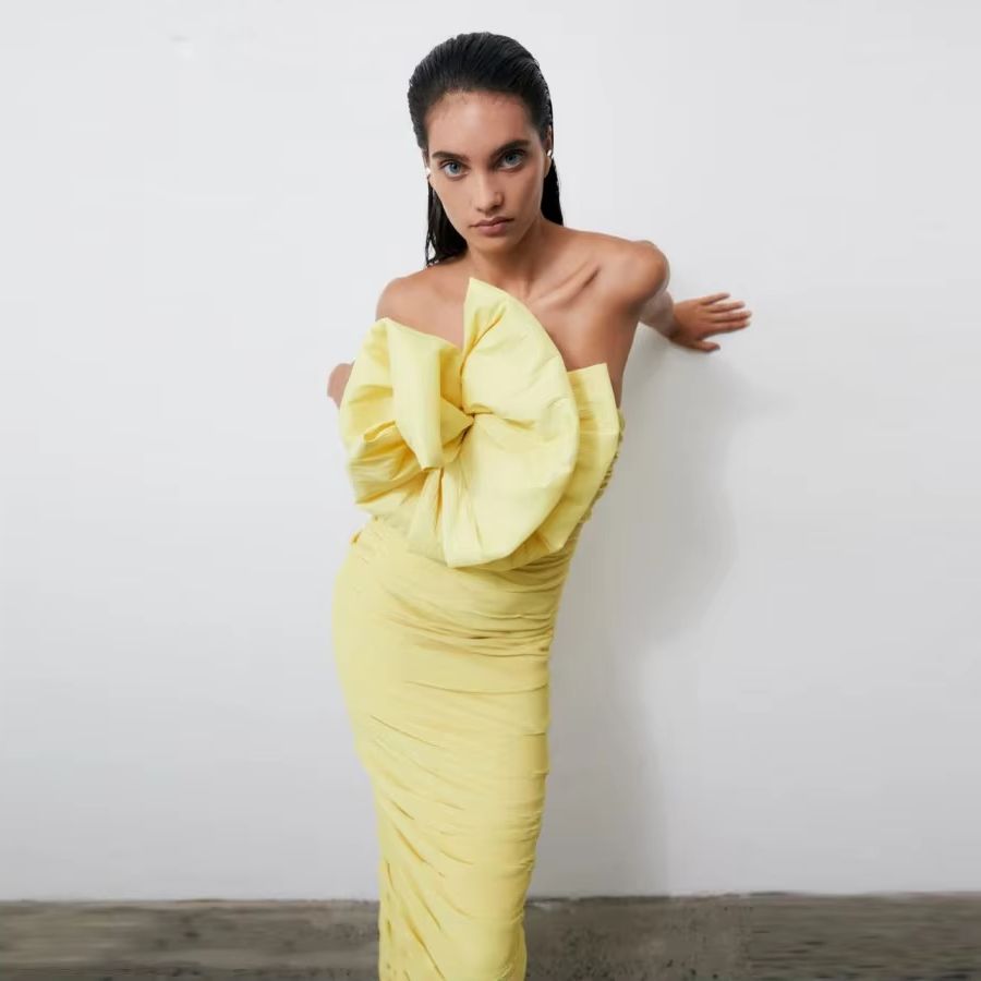 Women Formal Wear H&M - Yellow Arabic Evening Gown Ruched Pleats