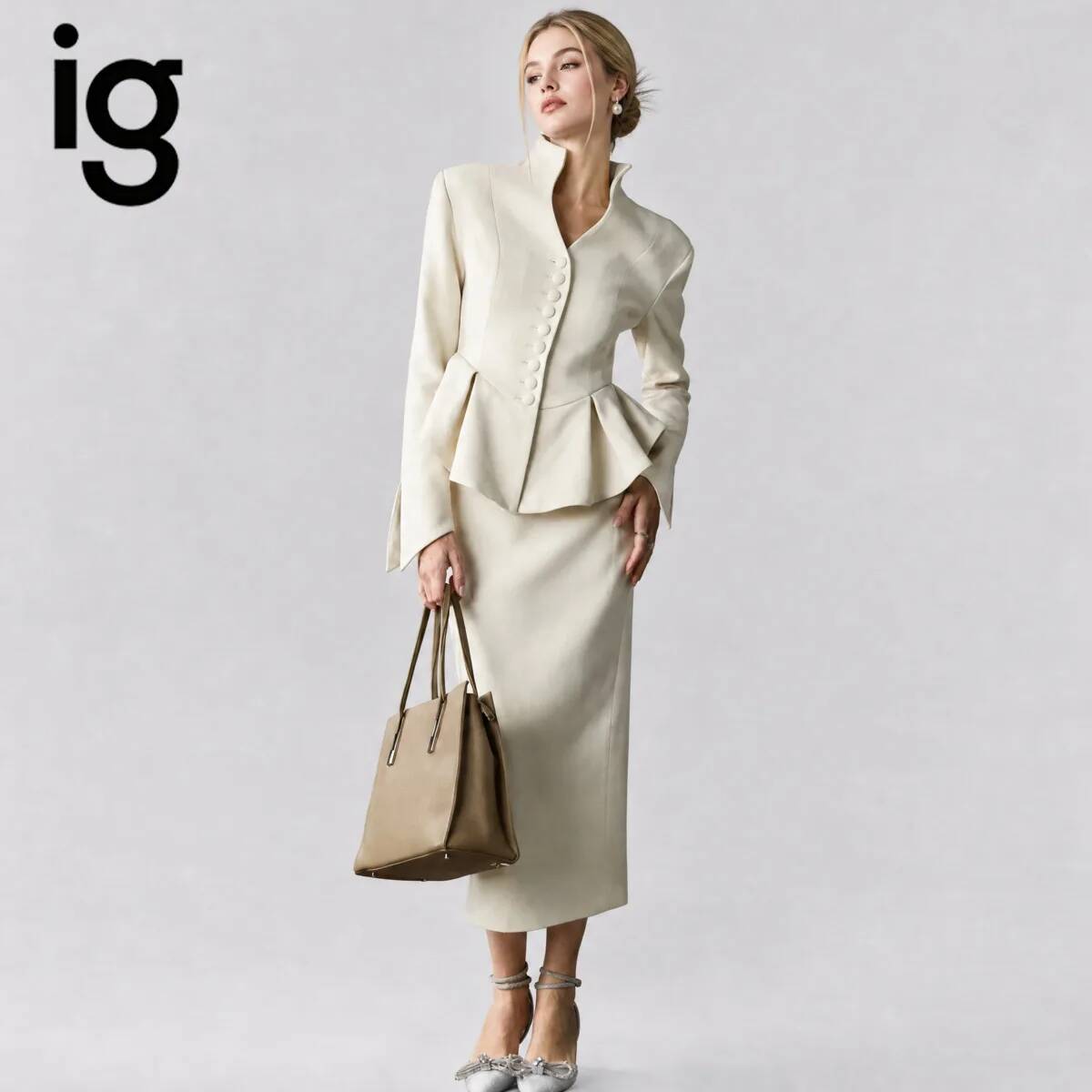 Pencil Skirt Midi - IG26 Women's Stand Collar Peplum Blazer