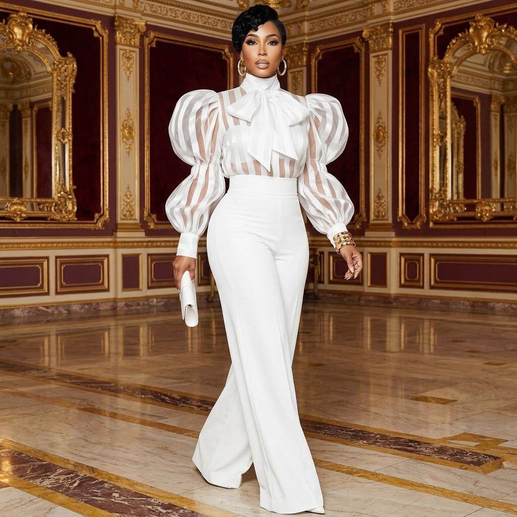 Women High Neck Bow Puff Long  - Women'S Formal Wear With Pants review and price
