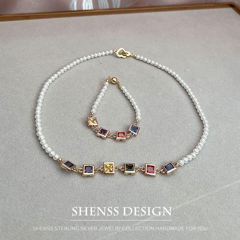 Imitation Pearl Square Zircon  - Pearl Necklace Set review and price